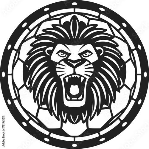 Fierce roaring lion head inside geometric circular frame, black and white emblem symbolizing strength and bravery