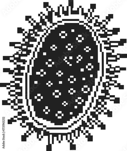 Pixel art virus illustration black and white vintage microbe icon, retro digital bacteria, 8 bit infection symbol