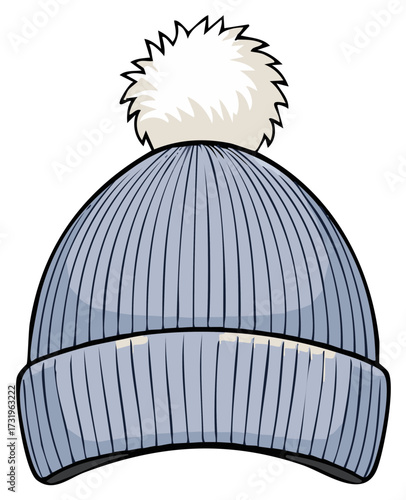 Light Blue Knitted Winter Beanie with a Fluffy Pom Pom Cartoon Illustration