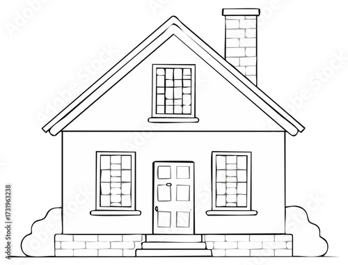 Illustration of Cozy House with Brick Chimney and Garden Beds Black and White Outline
