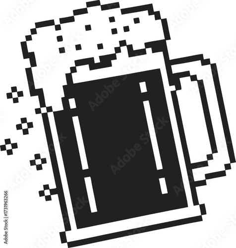 Pixel art beer mug with foam retro black and white drink icon, vintage digital style, simple pixelated alcohol illustration