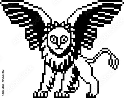 Mythical winged lion griffin in pixel art style, black and white digital illustration, retro fantasy creature design