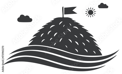 Farm Harvest Icon with Stylized Haystack Flag Sun and Clouds Above Fields