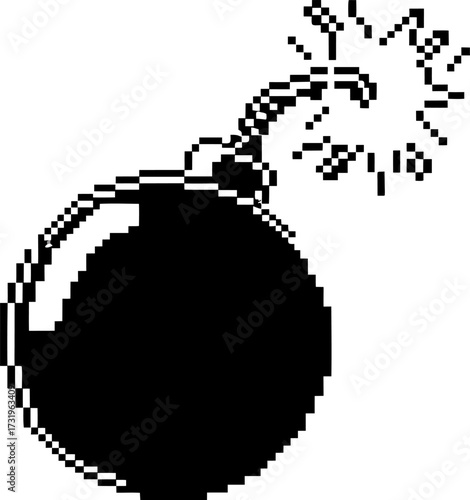 Pixel illustration of classic bomb with lit fuse retro explosive symbol, black and white minimal digital graphic