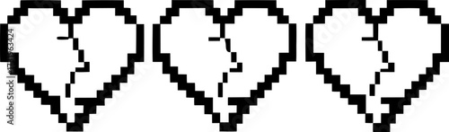 Three pixelated broken hearts in a row retro digital love loss, 8 bit heart symbols, minimal black and white design