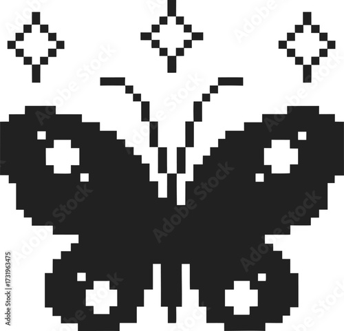 Pixel art butterfly with geometric wings and sparkles retro digital icon, monochrome minimal style, symmetry and simplicity