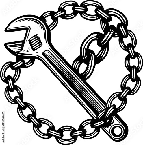 Wrench enclosed in circular metal chain, symbolizing labor, mechanics, and industrial repair tools illustration in black and white