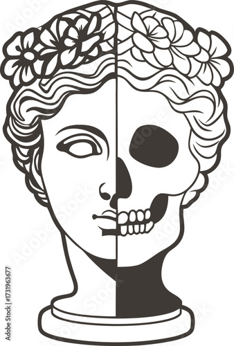 Classical goddess statue with half skull face duality of beauty and mortality, floral crown, greek mythology illustration