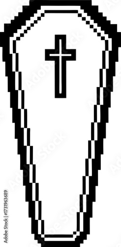 Pixel art coffin with cross symbol retro black and white funeral casket illustration, death and burial concept