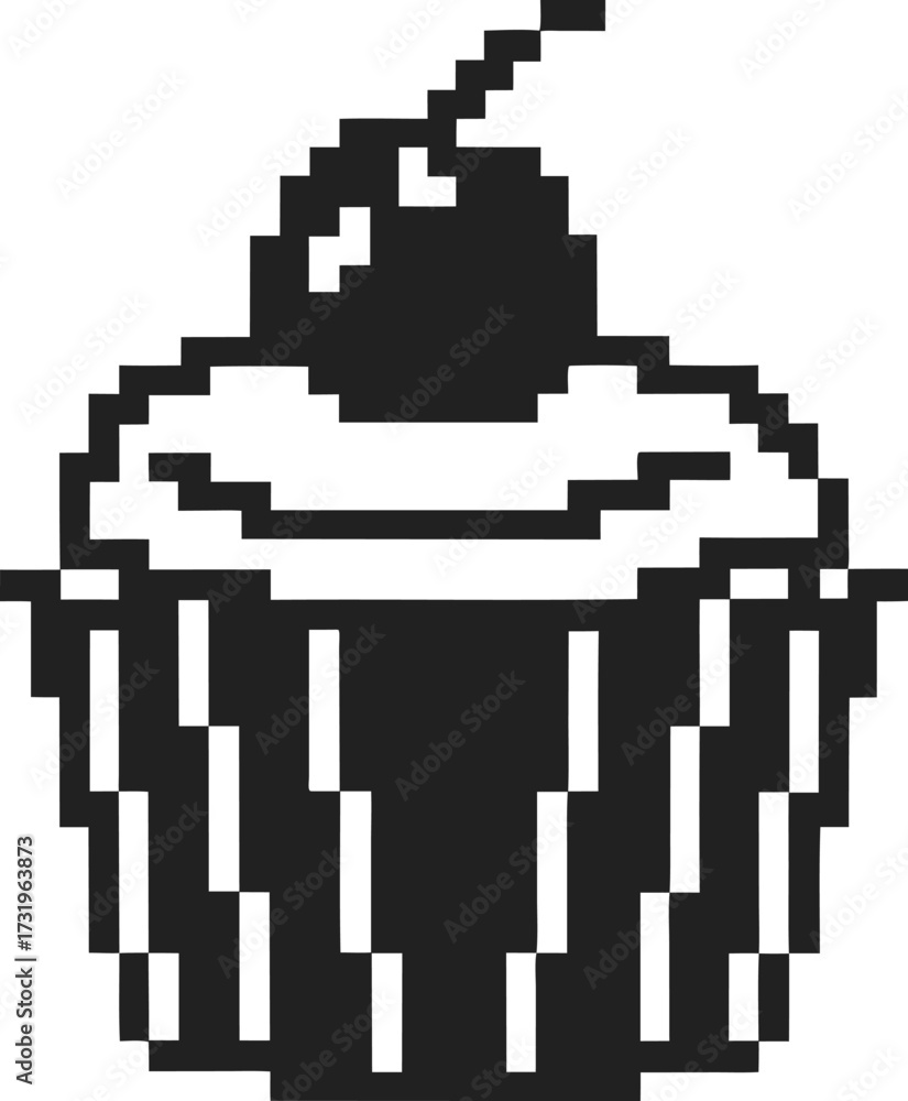 Fototapeta premium Pixel art cupcake with cherry on top retro dessert illustration in monochrome style, vintage bakery sweet treat minimal design