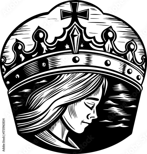 Queen with royal crown, engraved illustration of serene woman in regal headdress with intricate details and cross motif