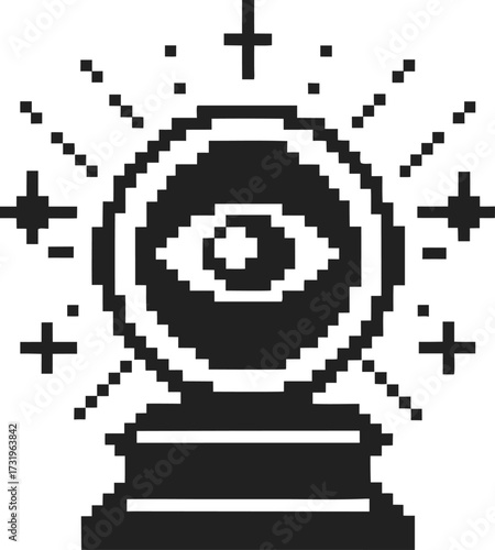 Pixel art crystal ball with all seeing eye, mystical symbols, black and white retro magic fortune telling icon