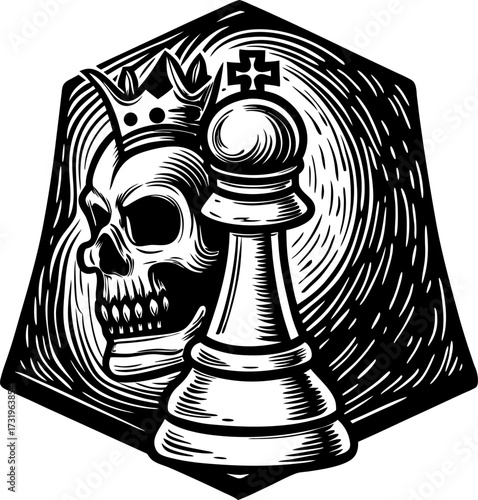 Skull with chess pawn and crown, black and white illustration death, strategy, leadership symbol, tactical gothic design