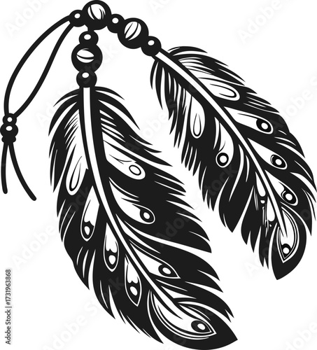 Hand drawn black feather pendants with beads decorative ethnic feathers, boho accessory, ornithology art motif