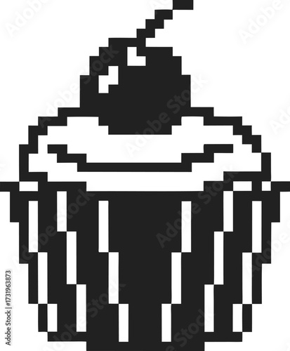Pixel art cupcake with cherry on top retro dessert illustration in monochrome style, vintage bakery sweet treat minimal design