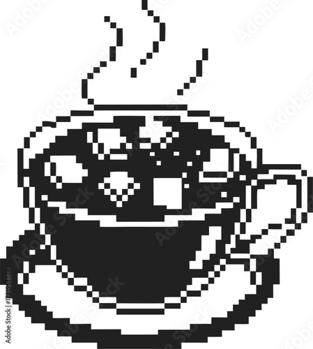 Hot chocolate cup in pixel art black and white retro beverage illustration with steam and marshmallows