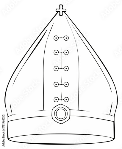 Hand-drawn illustration of mitre hat with cross symbol and ornamental details; Catholic headwear in vector art