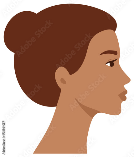 Elegant woman with brown hair in a bun shown in side profile vector portrait