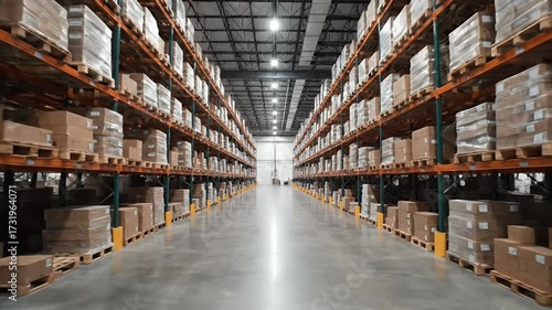 Wallpaper Mural Modern industrial warehouse interior with long aisles, high storage racks, and vast inventory of packaged goods and boxes. Torontodigital.ca