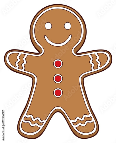 Cartoon illustration of a happy gingerbread man smiling with red buttons, seasonal bakery