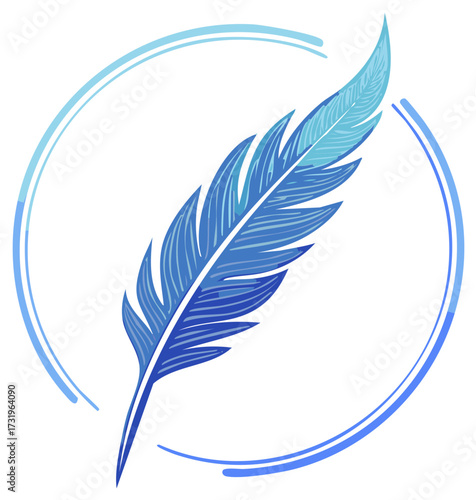 Elegant feather illustration in a soft blue palette floating within a simple circular design