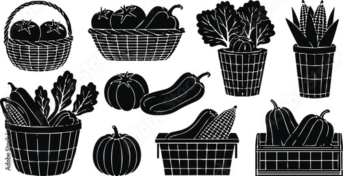 Silhouettes of Baskets and Containers Filled with Vegetables and Fruits Including Corn, Tomatoes, and Peppers Isolated on White Background