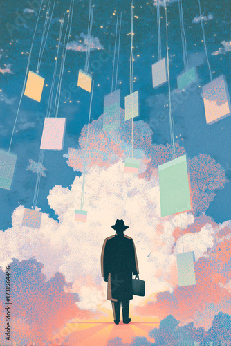 Surreal businessman walking into digital cloud future