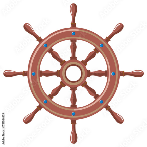 Classic wooden ship's wheel vector illustration with blue details representing marine navigation and voyage