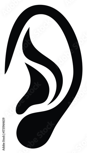 Minimalist graphic silhouette of a human ear, a symbol for listening, audiology, and sensory perception