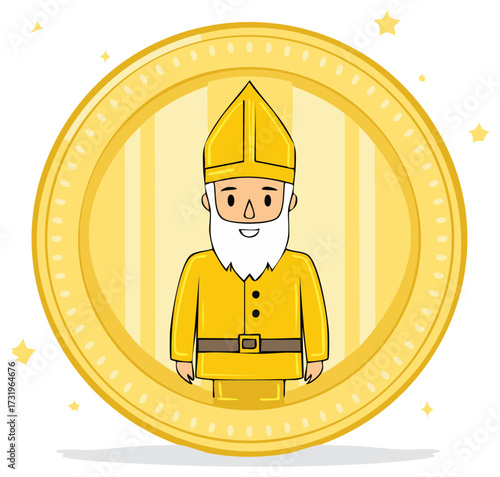 Smiling cartoon bishop character with white beard and golden mitre robe inside a shiny coin icon
