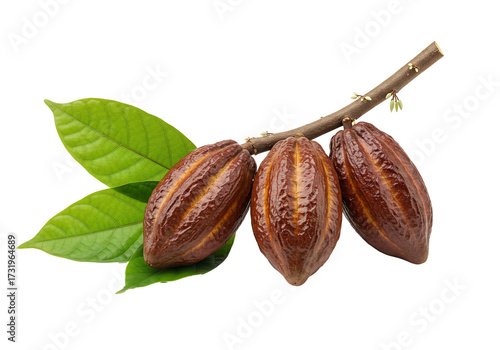 Cocoa pods on branch isolated still life composition