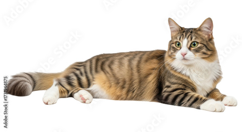 Billede på lærred Isolated brown tabby cat lying down with bright green eyes looking ahead to the
