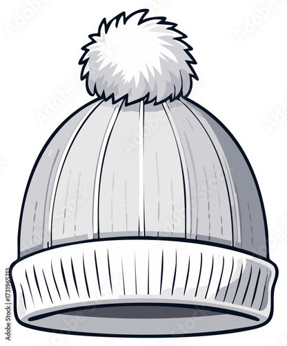 Illustration of a knitted winter beanie hat with pompom, vector isolated illustration.