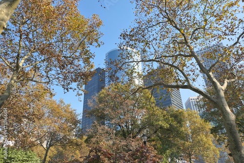 Battery Park and Lower Manhattan buildings in New York City.
