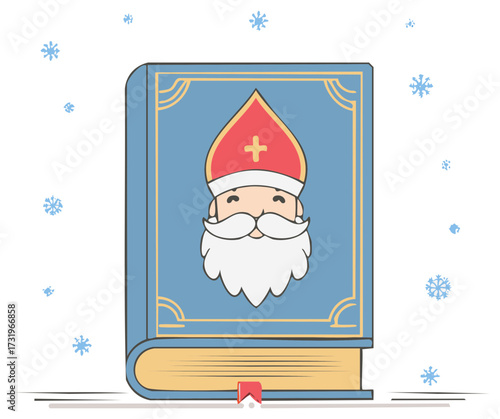 Festive storybook with a friendly bearded man in a red miter hat and falling snowflakes