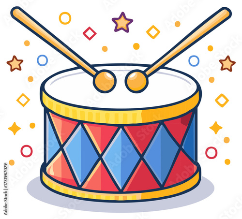 Colorful Cartoon Drum with Drumsticks and Festive Sparkles