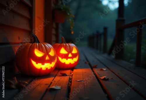 Lit Jack-o'-Lanterns on Wooden Porch at Dusk