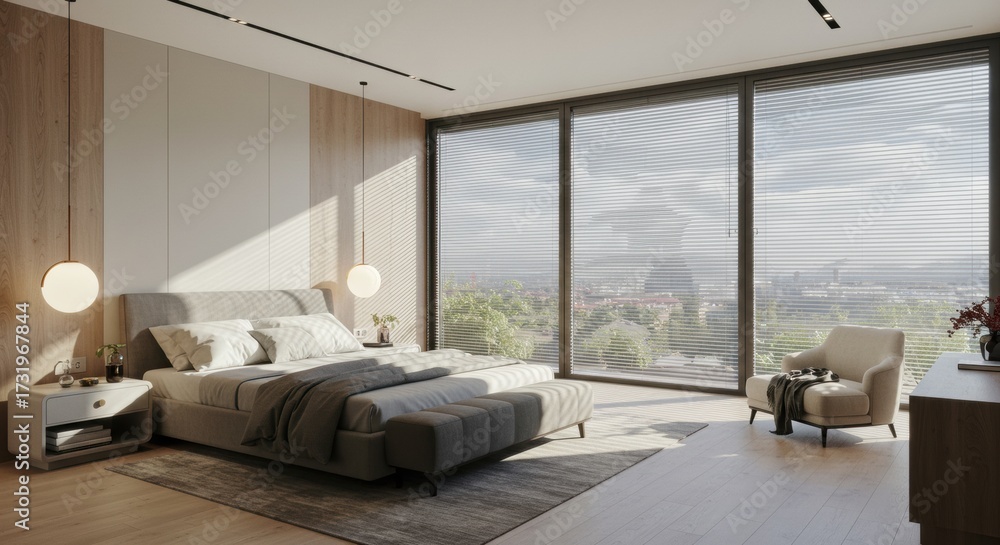 Fototapeta premium A sunlit modern bedroom with a king-size bed, floor-to-ceiling windows, and a panoramic view of the city.