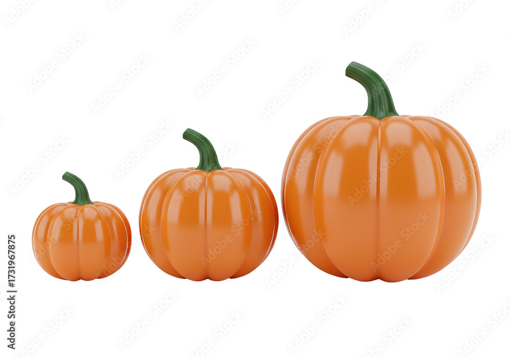 Fototapeta premium Three Orange Pumpkins in Progressive Sizes: Autumn Harvest, Halloween Growth & Development Concept