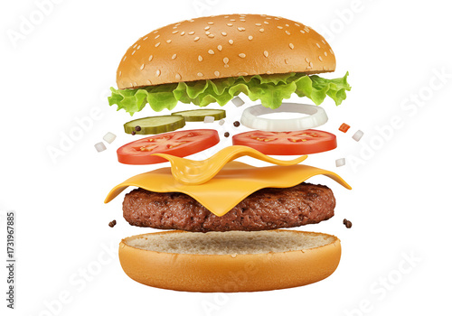 Exploded hamburger ingredients floating food preparation concept overhead view isolated