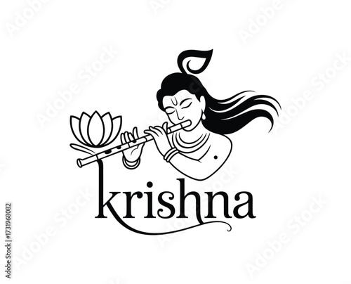 Black and White Line Art of Lord Krishna Playing Flute with Lotus Flower hindu god deity