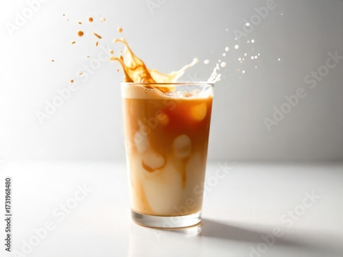 Iced Coffee Splash Refreshing Beverage with Ice Cubes in a Glass