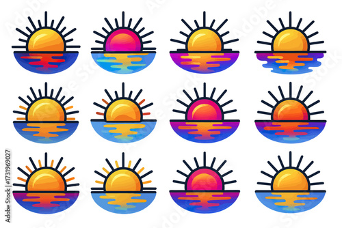 Vibrant sunrise and sunset icons illustrating colorful sun designs in various styles