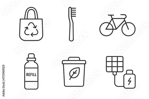 Eco-friendly icons: reusable bag, bamboo toothbrush, bicycle, refill bottle, recycling bin, solar panel