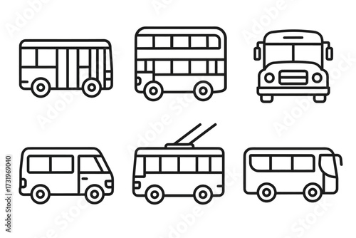 Set of various bus icons: school bus, double decker, shuttle, and more