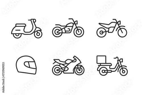 Motorcycle and scooter icons featuring various bike designs and accessories