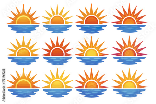 Colorful sun and ocean emblems displaying dynamic sunburst designs