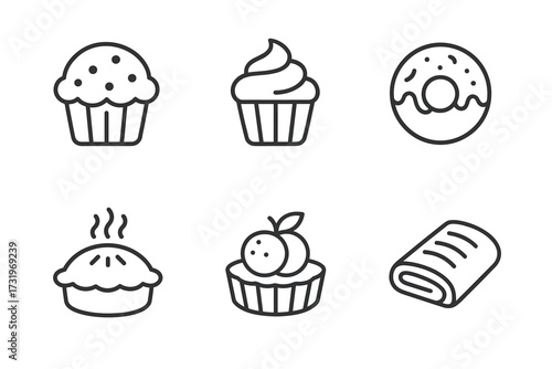 Outline icons of muffin, cupcake, donut, pie, tart, and swiss roll