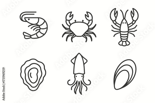Line art icons of seafood: shrimp, crab, lobster, oyster, squid, mussel