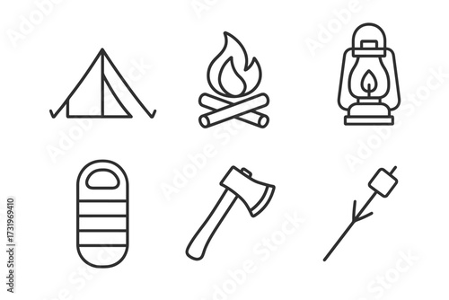 Camping essentials icons: tent campfire lantern sleeping bag axe marshmallow stick